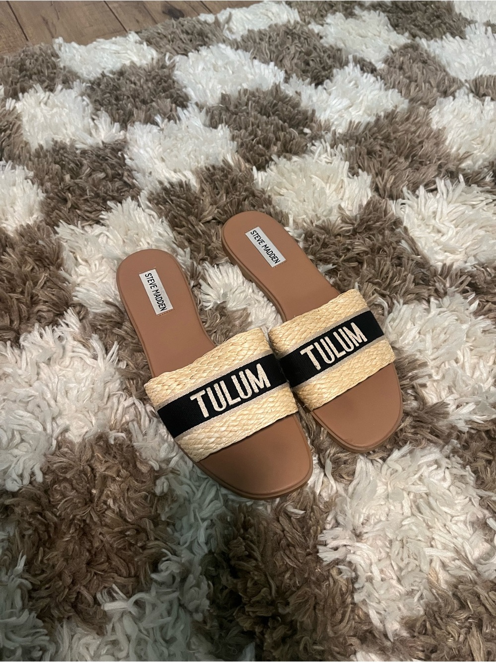 Steve Madden Tulum Braided Natural Slide Sandals with Black Logo Band